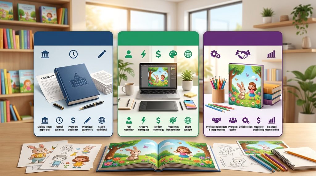 Comparing traditional, self-publishing, and hybrid methods for children's books.