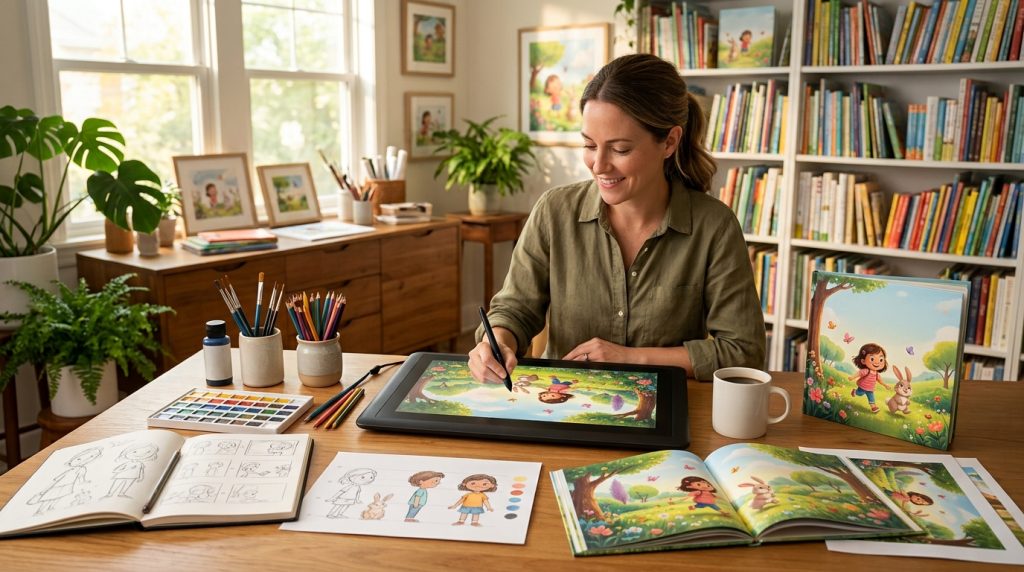 Illustrator sketching colorful artwork for a children's picture book on a tablet