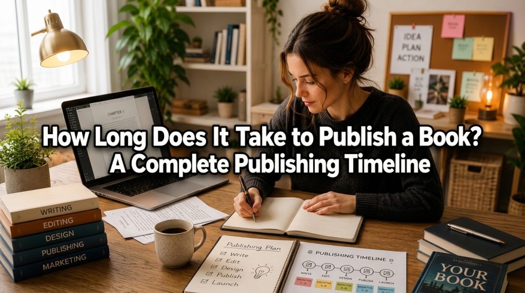 Woman planning a book publishing timeline with notebook and laptop