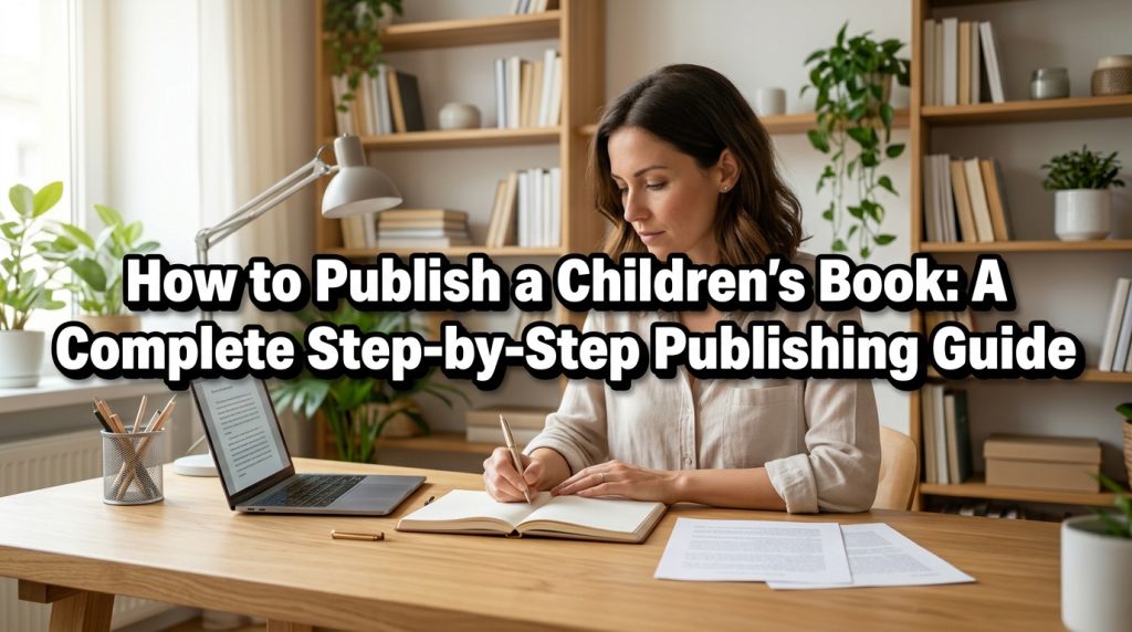 Woman writing a manuscript for how to publish a children's book: full step guide