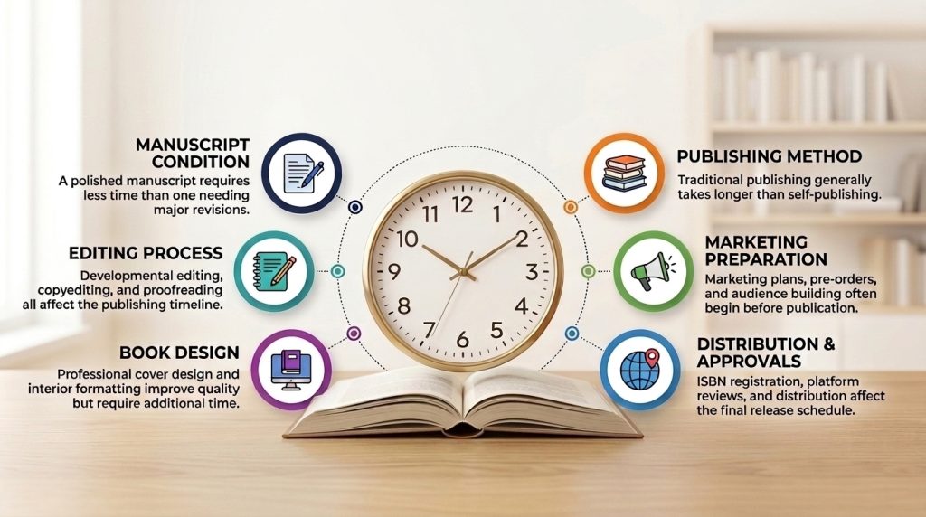 Clock showing six factors that affect book publishing timeline
