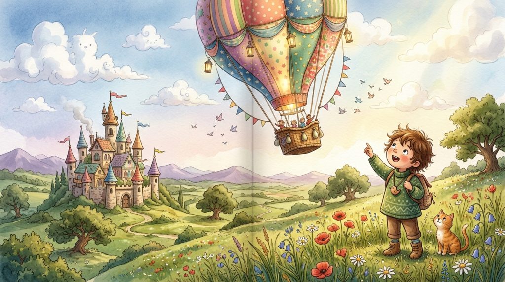 Storybook illustration with giant balloon above castle and amazed child