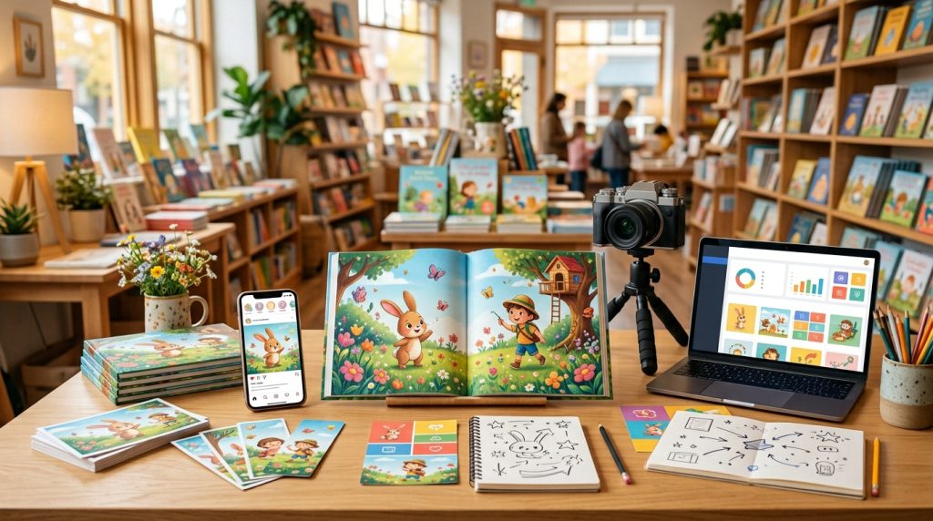 Marketing a published children's book using bookstore displays and social media.