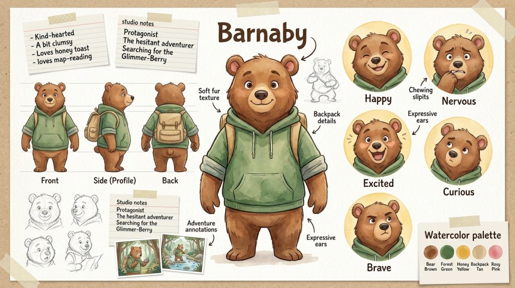 Children's book character design sheet showing emotions and personality