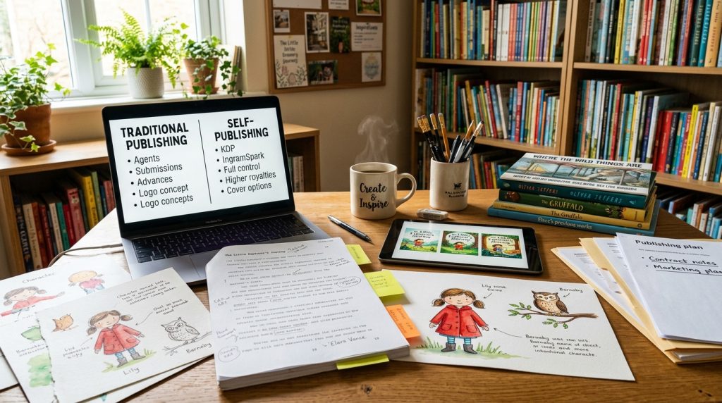 Author comparing publishing options for a children's book at desk