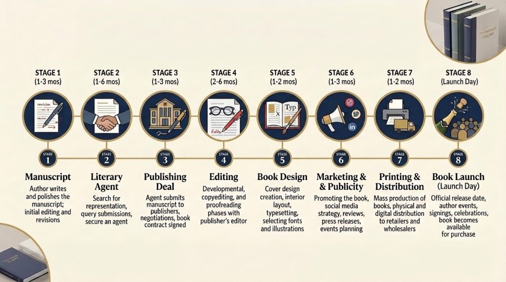 9-month self-publishing roadmap infographic with seven stages