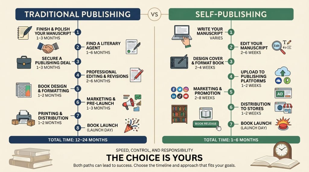 Traditional vs self-publishing timeline comparison infographic