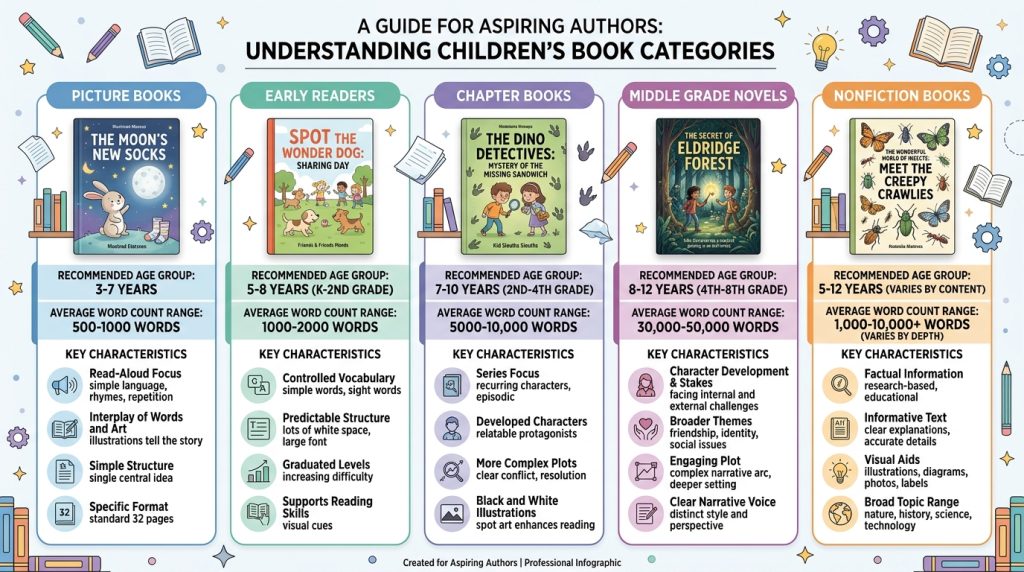 Children's book types infographic comparing ages, formats and lengths