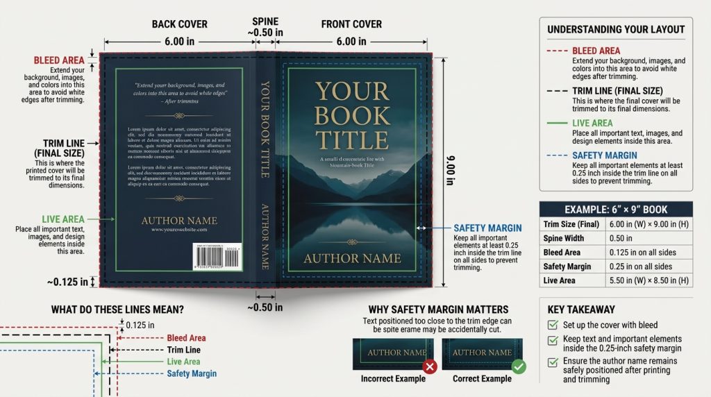 Book cover trim size diagram showing bleed area, live area, safety margin