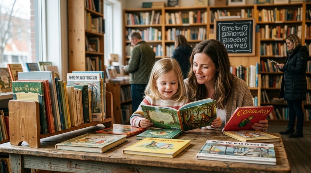 Mother and daughter reading picture book together in a secondhand bookstore" (77 characters