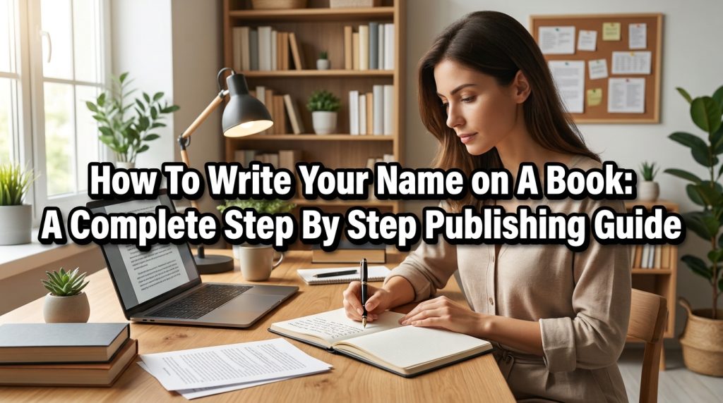 Woman writing in notebook at desk, learning how to write author name
