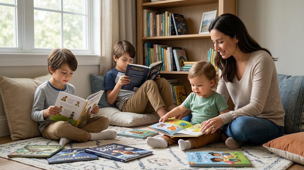 Mother and three kids reading age-appropriate books together on living room floor" (83 characters