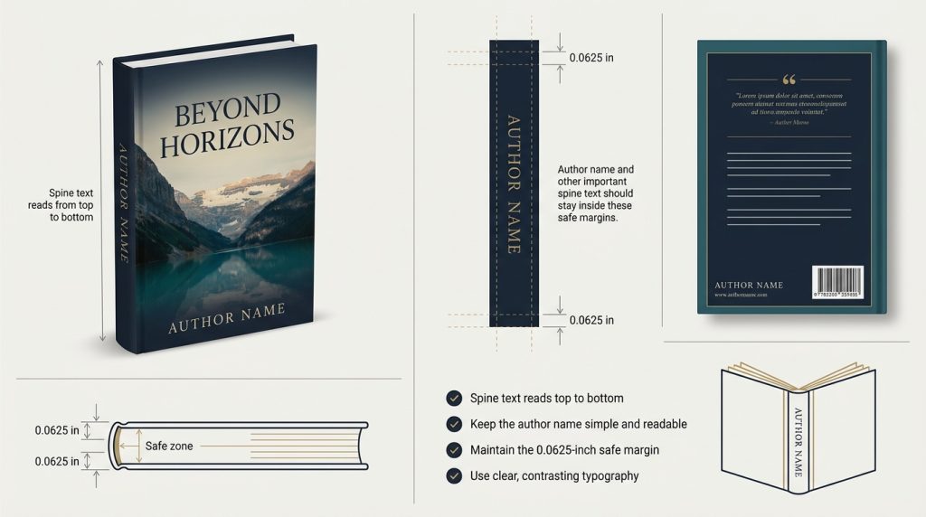 Book spine layout diagram showing author name placement and safe margins