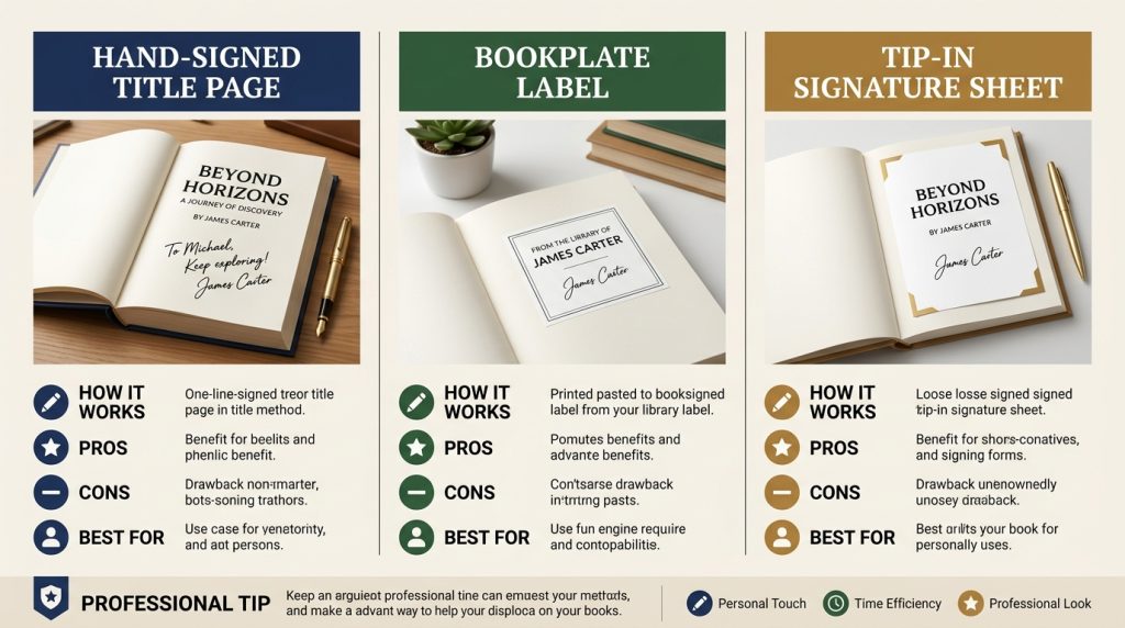 Comparison of hand-signed page, bookplate label, and tip-in signature sheet