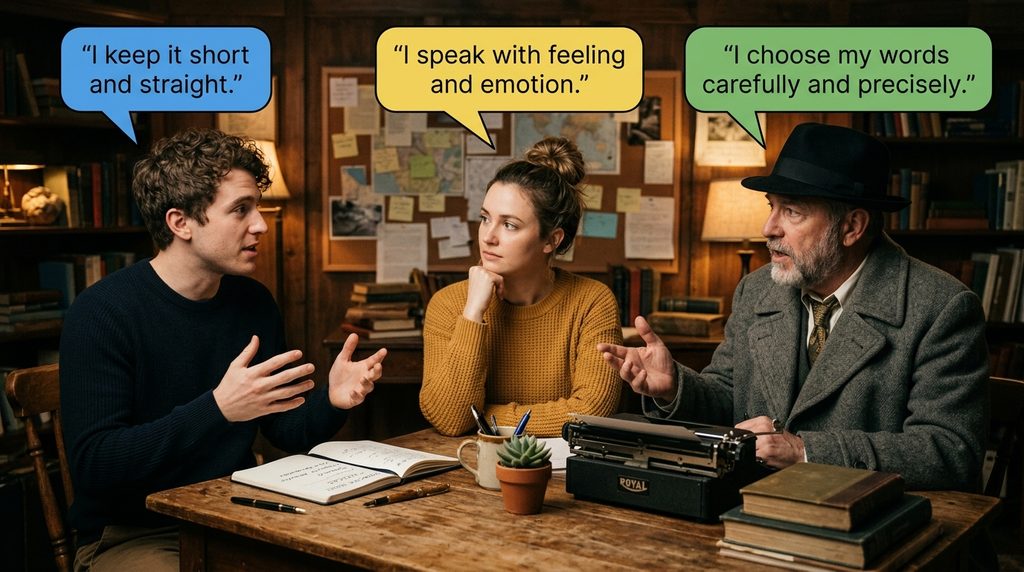 Three characters with speech bubbles showing distinct dialogue voices