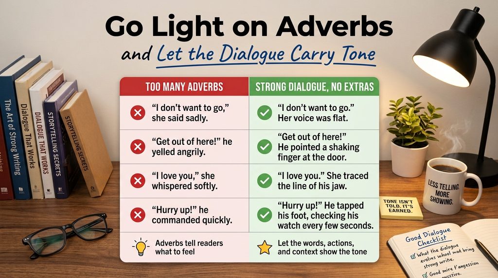 Comparison chart: weak adverb dialogue vs strong dialogue without adverbs