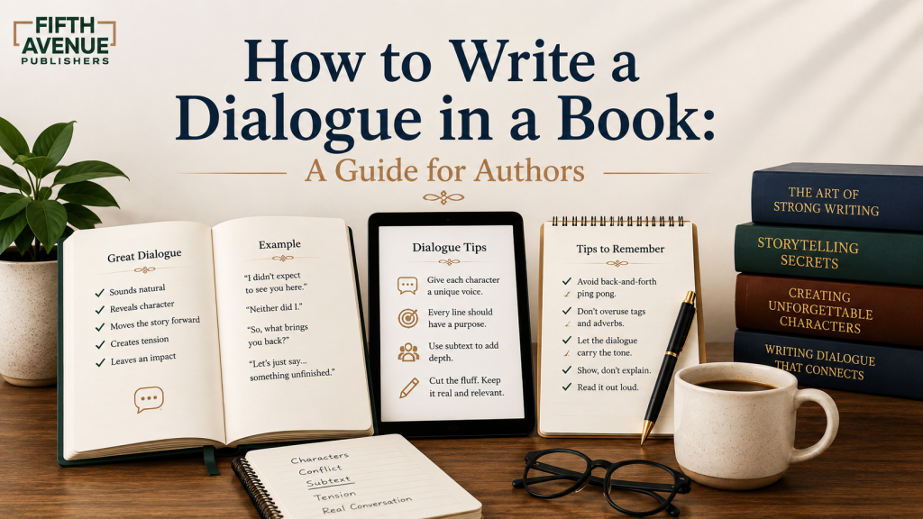 Writer's desk with notebooks showing dialogue writing tips and checklist